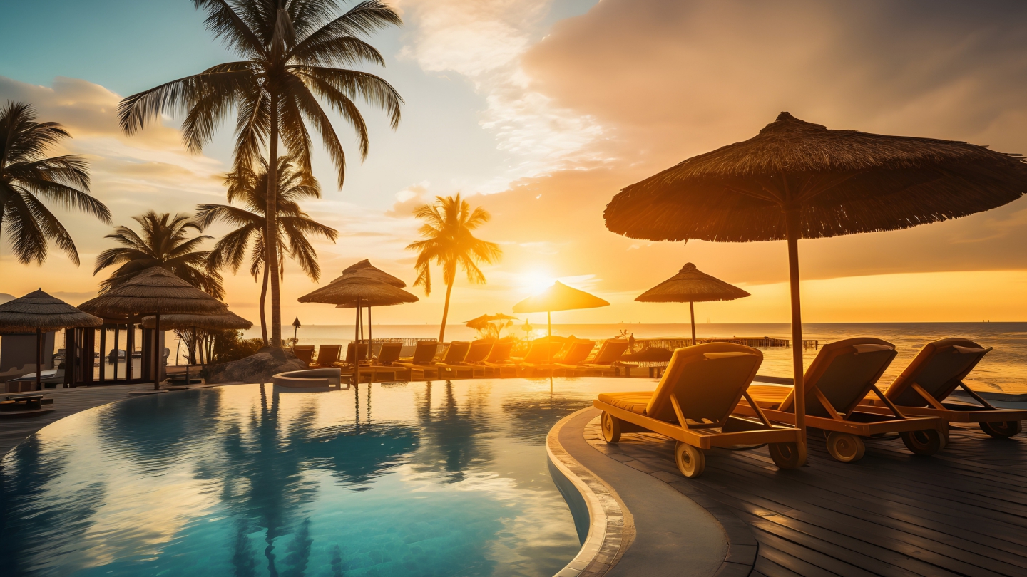 Infinity pool with palm trees at a luxury beachfront resort in Mexico during a golden sunset, featuring sun loungers and thatched umbrellas facing the ocean.